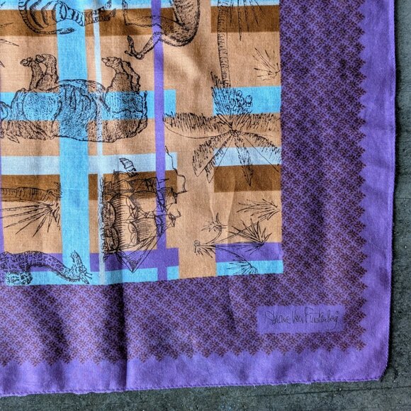 Vintage Diane von Furstenberg Purple Orange Safari Zoo Animal Print Square Scarf - Picture 5 of 10